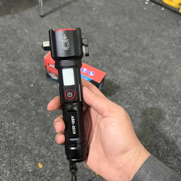 SUPER BRIGHT MULTIFUNCTIONAL TORCH LIGHT WITH STEEL HAMMER, SAFETY CUTTER AND MOBILE POWER BANK